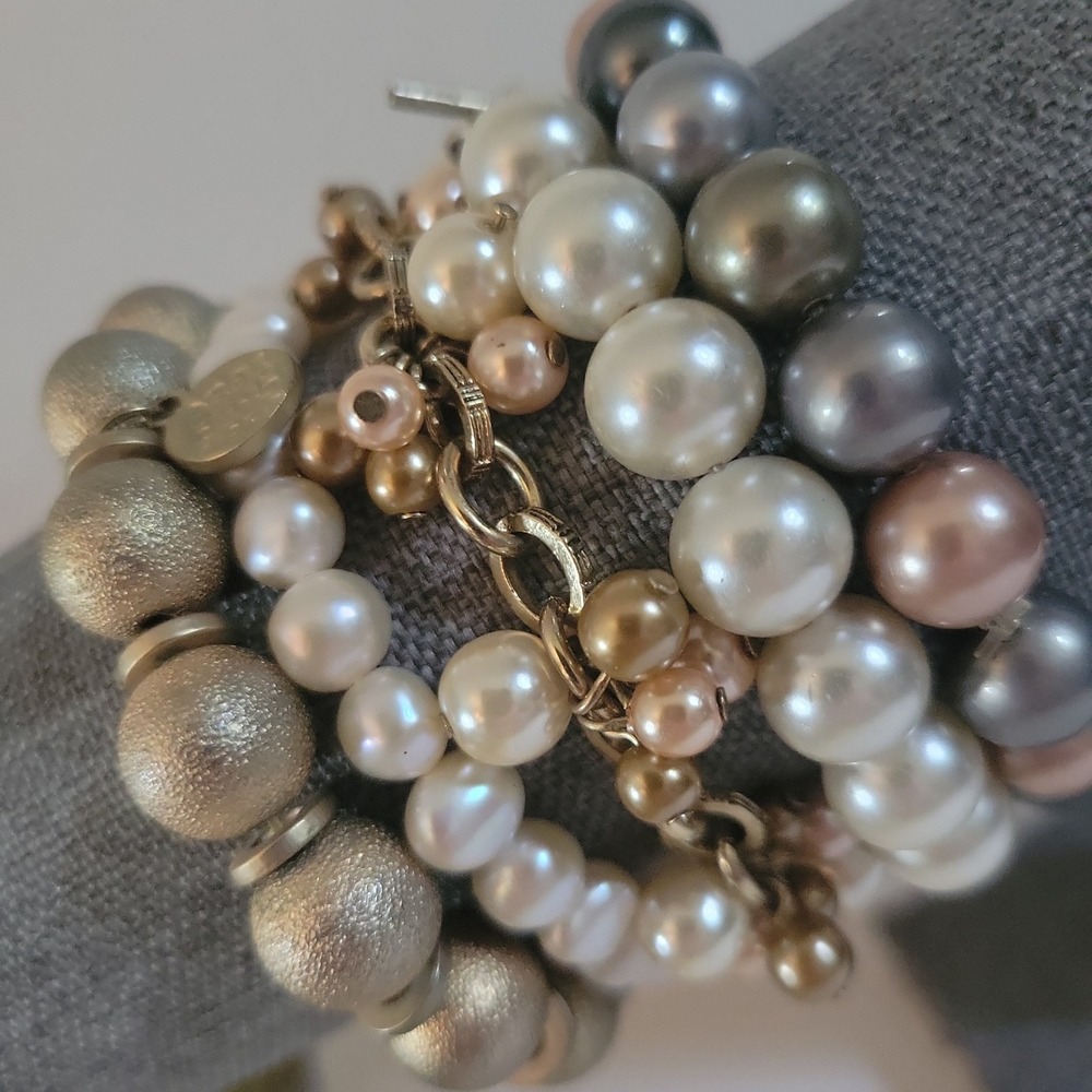 Faux Pearl Bracelet Stack Set 5pc Gold Silver Tone‎ Toggle Stretch  Coquette
